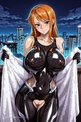 1girl ai_assisted ai_generated armor bare_shoulders black_bodysuit blush brown_eyes city cityscape clouds collarbone cowboy_shot crotchless curvy dark_theme detailed_pussy dynamic_lighting elbow_gloves fishnets gloves high_contrast holding kagami_hirotaka koukawa_oboro large_breasts looking_at_viewer nami_(one_piece) neon_lights night night_sky one_piece orange_hair outdoors shiny_skin shoulder_tattoo smile soft_shading standing steam taimanin_asagi_zero taimanin_suit tattoo thigh_gap towel visible_pussy wet