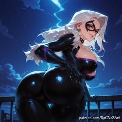1girl 2026 ai_generated anime ass ass_focus bent_over black_bodysuit black_cat_(marvel) black_gloves bodysuit boobs breasts buttocks cleavage cloud collar crossover domino_mask earrings eye_contact felicia_hardy female female_focus from_behind fur_trim gloves green_eyes hand_on_own_ass handwear highres huge_breasts jewelry large_breasts leaning_forward lips long_hair looking_at_viewer looking_back marvel marvel_comics marvel_rivals mask moon night night_sky nsfw outdoors parted_lips patreon railing rognezart shiny_clothes skin_tight sky smile smiling solo star_(sky) starry_sky thick_thighs thigh_gap thighs very_long_hair white_hair