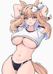 almond_eye_(umamusume) arms_behind_head arms_up ass_visible_through_thighs black_buruma blue_eyes blue_hair braid brown_hair coubalty cropped_shirt cross-shaped_pupils horse_ears horse_girl horse_tail large_breasts long_hair looking_at_viewer multicolored_hair navel smile solo stomach umamusume umamusume_pretty_derby underboob white_shirt x-shaped_pupils