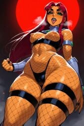 ai_generated alien alien_girl breasts dc dc_comics faprunner78 fishnets goth_makeup green_eyes hips long_hair looking_at_viewer natural_breasts nipples open_mouth orange_skin red_hair slim_female slim_waist small_breasts starfire starfire_(teen_titans) superheroine teen_titans thick_thighs thighs tongue_out waist wide_hips