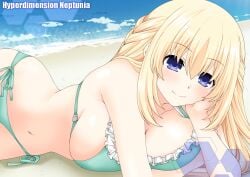 1girls arm_support beach big_breasts bikini blonde_hair blue_eyes breast_press breasts busty female female_only green_bikini highres large_breasts legs long_hair looking_at_viewer lying navel neptunia_(series) ocean on_side pose posing sensual sexy sexy_pose side-tie_bikini_bottom smile solo swimsuit thighs vert voluptuous water
