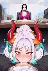 1boy 2girls ai_generated all_fours all_the_way_to_the_base big_ass big_breasts blowjob boa_hancock boruto:_naruto_next_generations deepthroat female looking_at_viewer male milf office one_piece pov sexy under_the_table uzumaki_boruto yamato_(one_piece)