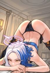 1girls arched_back ass back bare_arms bare_shoulders bed bed_sheet bedroom belt bikini black_bikini black_panties black_thighhighs blue_belt blue_bikini blue_hair boots bra breasts brown_eyes buckle chest_belt covered_mouth curtains flexible forehead halo hands_on_ground indoors jack-o'_challenge long_hair looking_at_viewer medium_breasts medium_hair meme multicolored_hair on_bed orange_eyes original panties parted_bangs short_hair side-tie_bikini_bottom side-tie_panties solo spread_legs streaked_hair string_bikini string_panties swimsuit thigh_boots thighhighs thighs thong thong_bikini top-down_bottom-up two-tone_hair underwear underwear_only v-shaped_eyebrows white_hair wide_spread_legs yellow_eyes