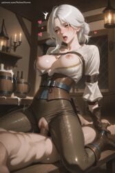 1boy 1girl ai_generated bottle breasts breasts_outside ciri girl_on_top hetero hi_res high_quality high_resolution indoors large_breasts nipples open_mouth patreon pussy scar seductive sex sexy silver_hair solo_focus straddling sweat the_witcher_(series) torn_clothes uncensored vaginal watermark