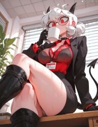 1girl ai_generated black-framed_eyewear black_bra black_choker black_footwear black_gloves black_horns black_jacket black_panties black_skirt blush boots bra breasts choker cleavage coffee_mug collared_shirt crossed_legs cup demon_girl demon_horns demon_tail drinking formal fresk0n from_below glasses gloves helltaker holding holding_cup horns indoors jacket knee_boots large_breasts long_sleeves looking_at_viewer mug office_lady open_clothes open_jacket pandemonica_(helltaker) panties pantyshot patreon_username pencil_skirt plant red_eyes red_shirt round_eyewear see-through shirt short_hair sitting skirt solo suit sweat tail thighs underwear white_hair window