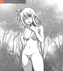 1girls abs areolae black_and_white breasts erect_nipples fairy_tail female female_only finger_to_mouth forest kagato007 legs looking_at_viewer lucy_heartfilia monochrome naked nature nipples nude nude_female open_mouth ponytail pose posing pussy solo solo_female solo_focus standing thighs tied_hair trees vagina