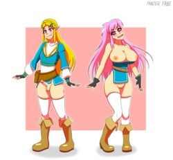 1boy 1girls blonde_hair breath_of_the_wild champion's_tunic clothing crossdressing drooling erection fanterfane femboy ftm_transformation futanari gender_transformation genderswap_(ftm) genderswap_(mtf) girly happy_trance head_tilt high_heel_boots high_heels hypnosis large_breasts link mind_control nintendo pink_eyes pink_hair princess_zelda revealing_clothes rule_63 simple_background small_penis smile smiling swirly_eyes symbol-shaped_pupils the_legend_of_zelda thighhighs trap zelda_(breath_of_the_wild)