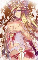 bare_shoulders blonde_hair border bow bracelet breast_grab breast_hold breast_lift breasts breasts_out clenched_teeth collar commentary_request cowboy_shot crown dated dress europa_(fate) eyebrows_behind_hair fading_border fate/grand_order fate_(series) female from_side grabbing hair_between_eyes heart highres hisahiko jewelry long_hair lowleg lowleg_panties midriff navel nipples off-shoulder_dress off_shoulder outline panties purple_eyes pursed_lips red_bow red_collar red_panties self_fondle signature solo teeth underwear very_long_hair white_dress