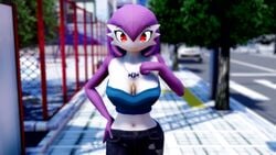 3d alessia_(misterorzo) animated breasts breasts_out flashing game_freak gardevoir large_breasts misterorzo mmd nintendo pokemon pokemon_(species) pokemon_rse purple_hair red_eyes shirt_pull sound video