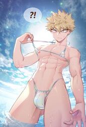 1boy abs beach bikini blonde_hair bulge human katsuki_bakugou male male_nipples male_only male_thong muscles muscular_male my_hero_academia nipple no_visible_genitalia pecs penis_bulge smooth_skinned_male solo water