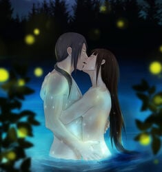 1boy 1girls black_hair blush breasts brown_hair closed_eyes female kissing lesya7 long_hair male naked naruto naruto_(series) naruto_shippuden night nipples nude original_character partially_submerged ponytail romantic romantic_ambiance tied_hair uchiha_itachi very_long_hair water wet wet_body