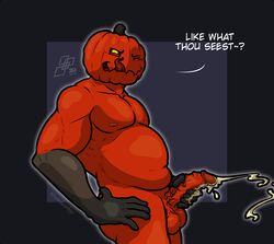 anthro bodily_fluids cerdeorhys cum food fruit genital_fluids genitals glowing glowing_eyes hi_res humanoid licking licking_lips male male_only masturbation muscular nipples orange_body penis plant presenting pumpkin pumpkin_head slightly_chubby solo tongue tongue_out yellow_eyes