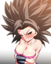 1girls angry big_breasts black_eyes black_hair blush breasts caulifla dragon_ball dragon_ball_super eye_contact female huge_breasts large_breasts looking_at_viewer nipple_bulge rom saiyan shounen_jump solo standing upper_body