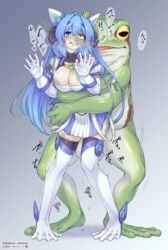 2020 absurd_res amphibian anthro balls blue_eyes blue_hair breasts bubonikku clothing duo female frog from_behind_position genitals gloves hair handwear hi_res horizontal_pupils human human_to_humanoid katsuragi_marina kouyoku_senki_exs-tia male mammal membrane_(anatomy) mid_transformation pupils sex simple_background species_transformation standing straight transformation transformation_through_sex transformation_while_penetrated webbed_feet yellow_sclera