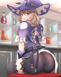 ass brown_hair female genshin_impact green_eyes highres huge_ass lisa_(genshin_impact) looking_at_viewer naughty_face pharamacom sitting thighhighs witch_hat