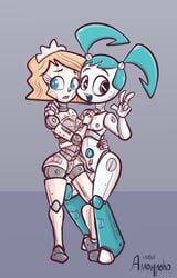 2girls android breasts crossover emmy_the_nandroid emmy_the_robot female_focus female_only jenny_wakeman multiple_girls my_life_as_a_teenage_robot nandroid nude robot robot_humanoid robot_joints screw_nipples side_by_side smooth_skin xjenn9