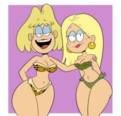 2girls accurate_art_style alternate_outfit amazonian ass becca_chang big_ass big_breasts bikini blonde blonde_hair breasts cavewoman commission earrings eyeshadow female_only freckles half-closed_eyes leaf_bikini lesbian lipstick looking_at_viewer milf narrow_shoulders nickelodeon open_mouth rita_loud scobionicle99 smile straight_hair the_casagrandes the_loud_house thick_thighs thighs thin_arms thin_waist wide_hips