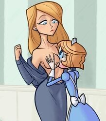 2girls android angela_delaire blue_eyes dirty_platypi emmy_the_nandroid emmy_the_robot face_between_breasts female female_focus female_only head_between_breasts hug lesbian long_hair milf motorboating multiple_girls nandroid older_female robot robot_girl touching_breast yuri