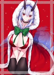 1girls choker collar fate/grand_order fate_(series) horns huge_breasts kneeling large_breasts looking_at_viewer oni_horns red_eyes santa_costume silver_hair thighhighs tomoe_gozen_(fate) watosu_(watosu_mama)