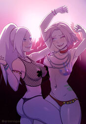 2girls areolae arsonsquid ass beads big_breasts bikini_bottom blacklight blonde_hair blue_eyes bracelet breasts choker dancing dat_ass eyeshadow female female_focus fishnet_shirt green_eyes hand_print implied_yuri ino_yamanaka large_breasts long_hair looking_at_another male medium_breasts mesh_shirt midriff multiple_girls naruto naruto_(series) naruto_shippuden navel navel_piercing necklace nightclub nipple_piercing nipples offscreen_character one_eye_closed pasties pink_hair rave sakura_haruno short_hair smile taped_nipples thong yuri