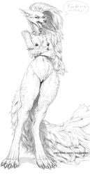 1girls anthro breasts canid canid_demon crossed_arms demon english_text female genitals hellhound helluva_boss hi_res loona_(helluva_boss) mammal monochrome nipples nude pussy simple_background small_breasts solo speech_bubble standing thick_thighs vivienne_medrano wide_hips zaggatar