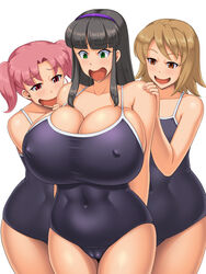 3girls abs belly belly_button big_breasts black_hair breast breast_envy breast_press breast_squeeze brunette cameltoe cleavage dark_hair drool drooling female female_only flat_chest flat_chested green_eyes hands_on_shoulders headband huge_breasts kawanuma_uotsuri large_breasts multiple_girls nipple_bulge nipples open_mouth orange_eyes original original_character overflowing_breasts pigtails red_eyes saionji_natsu school_swimsuit seductive seductive_look seductive_smile small_breasts swimsuit thick thick_thighs thin thin_waist tight tight_clothing top_heavy white_background