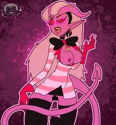 1girls angel_dust_(hazbin_hotel) cosplay demon_girl female glasses hair hazbin_hotel helluva_boss horn mayberry_(helluva_boss) no_bra no_panties open_mouth pugums purple_skin smoking smooth_skin tagme tail tongue vivienne_medrano