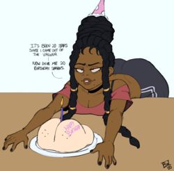 2020 2020s artist_self-insert ass bent_over bent_over_table birthday birthday_cake birthday_hat black_nails blackwhiplash braided_hair candle cleavage dark-skinned_female dark_skin eating_ass english_text female_only food_shaped_like_ass lezzy_(blackwhiplash) original_character real_person solo sona_(blackwhiplash) text visual_pun wish