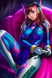 1girls alternate_version_available asian bean_bag big_breasts blizzard_entertainment bodysuit breasts brown_eyes brown_hair clothing controller d.va facepaint female female_focus female_only footwear full_body gloves handwear hi_res human human_only long_hair naked neoartcore overwatch pose smile smiling_at_viewer solo thick_thighs video_games