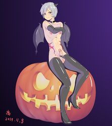 1boy balls boy demon demon_costume erection femboy halloween nipples pumpkin small_penis solo tattoo trap yaoi