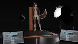 16:9 3d 3d_(artwork) anthro blender_(disambiguation) blender_(software) breasts brown_body brown_fur camera canid canine canis casual_nudity column creek dark digital_media_(artwork) female fur genitals hair hi_res leather mammal nude pole post red_hair sentharn solo spotlights studio widescreen wolf wood