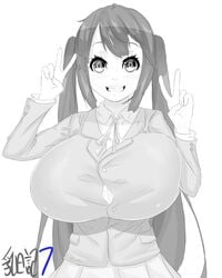 1girls azusa_nakano_(k-on!) black_and_white black_hair breasts button_gap double_v female female_focus female_only huge_breasts k-on! long_hair looking_at_viewer magister_(bigbakunyuu) monochrome open_mouth peace_sign school_uniform smile tagme twintails v v_sign