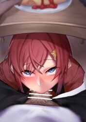 ange_katrina blue_eyes blush censored deepthroat eye_contact fellatio female hands-free high_the_round looking_at_viewer male nijisanji oral pov red_hair short_hair straight tight_throat under_the_table virtual_youtuber