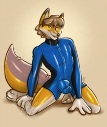 anthro bulge canid canine canis clothing fox male male_only mammal nicnak044 rubber rubber_clothing rubber_suit solo swift_fox