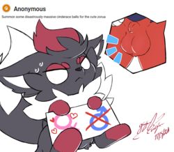 2020 angry animal_genitalia balls barely_visible_balls barely_visible_genitalia bodily_fluids cinderace dusk_(gingy_k_fox) ears_down emanata english_text genitals gingy_k_fox heart male male_cinderace male_pokemon nervous nintendo pivoted_ears pokémon_(species) pokemon pokemon_(species) pokemon_ss sheath sign signature simple_background stated_heterosexuality sweat text video_games white_background zorua