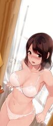 blush brown_eyes brown_hair colored_background curtains embarrassed large_breasts open_mouth sasamori_tomoe source_request standing white_bra white_lingerie white_panties white_underwear