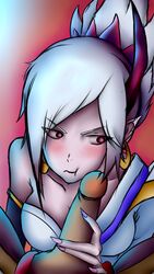 1girls color cute demon female handjob hetero horn kimono league_of_legends pink_eyes riven spirit_blossom_riven spirit_blossom_series tsundere white_hair yasuo