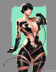 1girls batman_(series) black_hair breasts catwoman dc_comics female holding_object kasai_x3 lejeanx3 pinup selina_kyle short_hair skin_tight solo solo_focus standing thunder_thighs unzipped unzipped_bodysuit whip