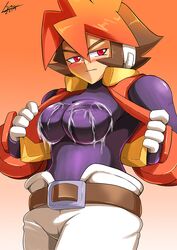 1girls android atlas_(megaman) blush bodysuit brown_hair capcom clothed crop_top cropped_jacket cum cum_on_body cum_on_breasts cum_on_clothes embarrassed female_only inti_creates latex looking_at_viewer mega_man mega_man_zx multicolored_hair orange_hair red_eyes reploid robot robot_girl saito-kun_exe shoutaro_saito spiky_hair tan_skin