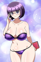 1girls big_breasts bra elite_four female_only front_view glasses lingerie nintendo panties pokemon pokemon_bw purple_eyes purple_hair shauntal_(pokemon) short_purple_hair tagme underwear wide_hips yensh