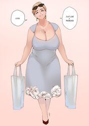 1girls biting_lip blonde_hair blue_eyes cleavage curvy dress english_text female huge_breasts looking_at_viewer mature milf short_hair slightly_chubby sugar_mommy thejnsdh_(artist) thick_thighs tight_clothes walking