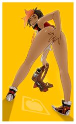 1girls apuru_kun ass battleborn bottomless dark_skin female fingering fingering_pussy masturbation pussy shayne shayne_(battleborn) shoes two_tone_hair vagina yellow_background