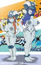 2girls big_breasts blue_hair duo erect_nipples feet female_only game_freak hands_on_hips height_difference helmet moisesgrafic multiple_girls nintendo nipples orange_hair pokeball pokemon pokemon_usm pose soliera_(pokemon) ultra_recon_squad watermark zossie_(pokemon)