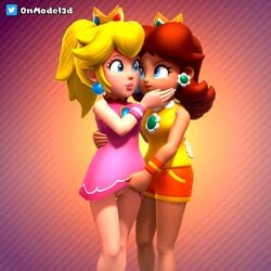 2girls 3d accurate_art_style blonde_hair blue_eyes brown_hair clothing crown earrings female female_only freckles human human_only lifting_skirt mario_(series) mario_tennis nintendo no_panties onmodel3d princess_daisy princess_peach pussy self_upload shorts skirt_lift standing tagme tan_skin tennis_uniform upskirt yuri