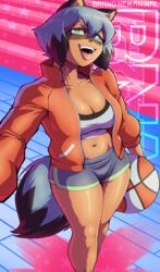 1girl 1girls 2020 2020s absurd_res absurdres animal_ears animal_nose anthro anthro_female anthrofied ball basketball basketball_(object) belly_button black_hair blue_hair blue_shorts brand_new_animal breasts cleavage commentary crop_top dolphin_shorts english_commentary english_text eyelashes fangs female female_anthro female_focus female_only fur furry furry_female green_eyes hair hair_between_eyes hi_res high_collar highres jacket medium_breasts michiru_kagemori multicolored_hair navel open_clothes open_jacket open_mouth pltnm_ghost raccoon raccoon_ears raccoon_girl raccoon_tail red_jacket self_shot short_hair short_shorts shorts solo solo_female solo_focus standing studio_trigger tail tanuki teeth text thick_thighs thighs tight_shorts tongue tongue_out track_jacket two-tone_hair unzipped upper_teeth