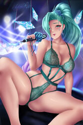 1girls axlone blue_eyes blush hair_ornament k/da_all_out_seraphine k/da_all_out_series league_of_legends microphone seraphine_(league_of_legends) solo teal_hair teal_lingerie