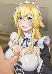 1boy blonde_hair blush breast_squeeze breasts crossed_bangs female female_focus frederica_baumann green_eyes high_resolution indoors maid maid_headdress male open_mouth paizuri paizuri_lead_by_female penis perpendicular_paizuri re:zero_kara_hajimeru_isekai_seikatsu sharp_teeth sidelocks straight uncensored veins veiny_penis very_high_resolution yellow_eyebrows