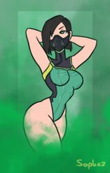 black_hair green_background green_eyes pinup pinup_pose short_hair smoke sophez swimsuit valorant viper_(valorant)