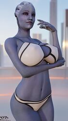 1girls 3d 3d_(artwork) abdomen alien alien_girl arm_under_breasts asari big_breasts bikini bikini_bottom bikini_top bioware blue_eyes blue_skin female female_only freckles liara_t'soni mass_effect mass_effect_2 mass_effect_3 no_humans nude nyes117 posing sci-fi science_fiction scifi solo solo_female standing swimwear tagme