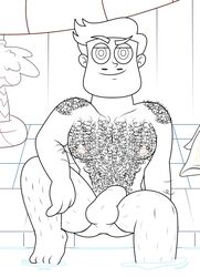 1boy 1male 4_fingers body_hair bulge burlydan facial_hair hairy hairy_chest line_art looking_at_viewer male male_focus male_only muscles pool rafael_diaz solo solo_male star_vs_the_forces_of_evil swimsuit